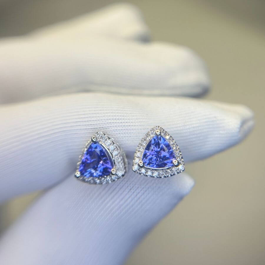 Trillion Cut Tanzanite & Diamond Stud Earrings in 14k White Gold
