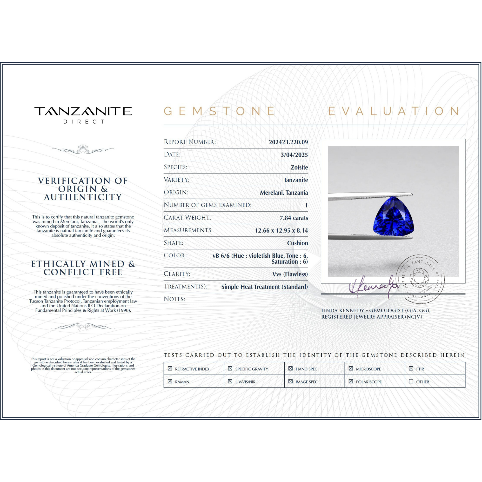 7,84 Karat Dreieck-Tansanit-Edelstein – GIA-zertifiziert