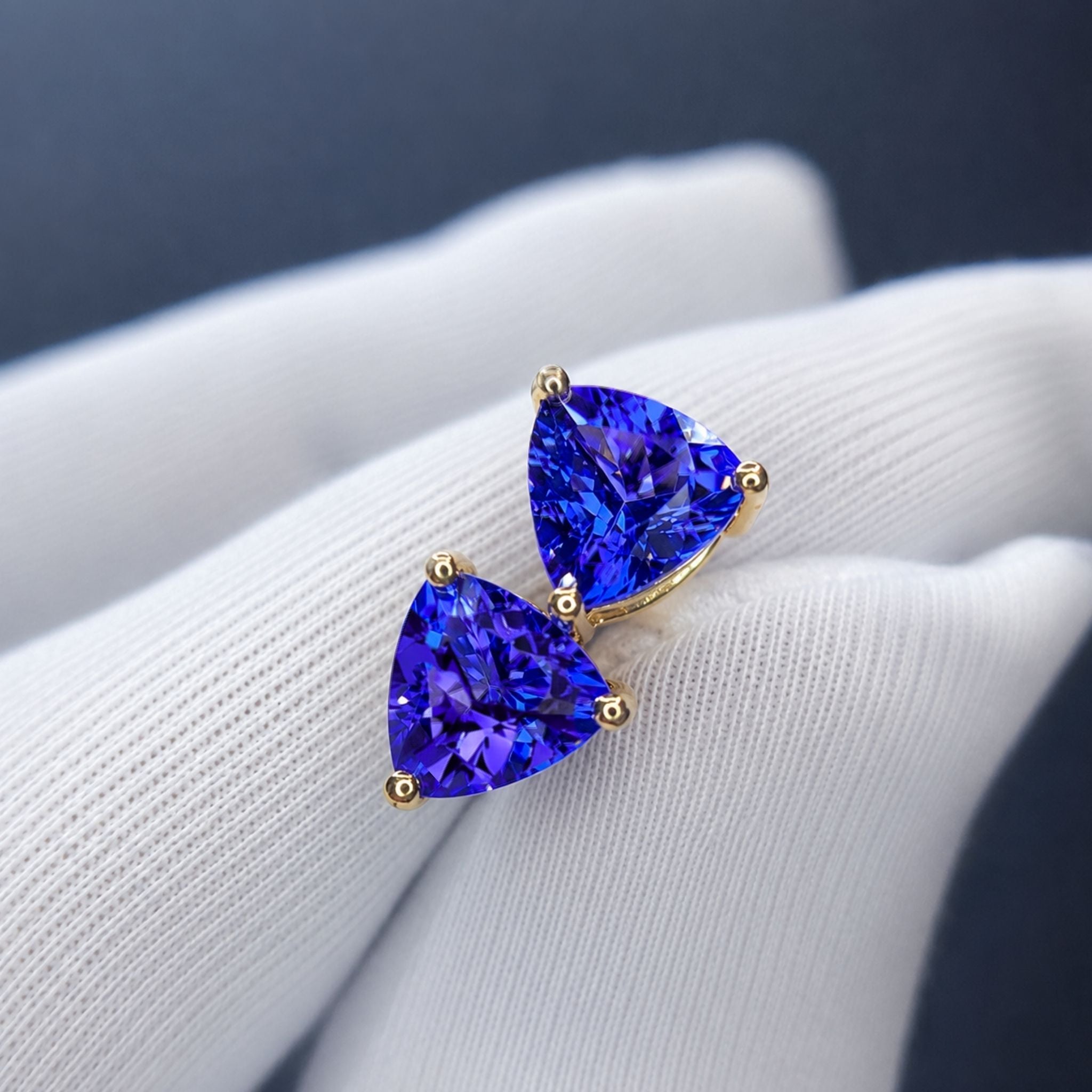 Trillion Cut Tanzanite Stud Earrings in Yellow Gold
