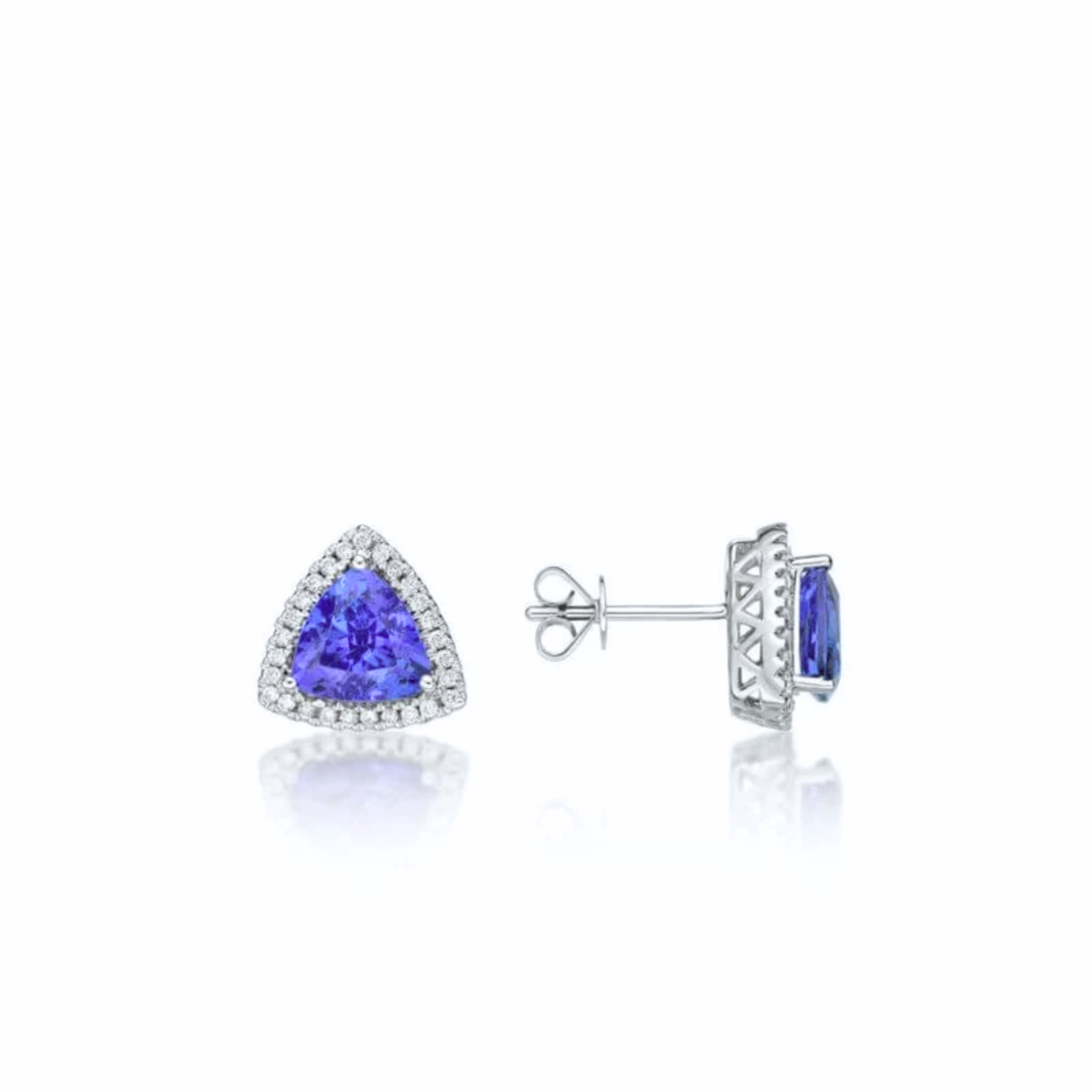 Violet Trillion Cut Tanzanite & Diamond Stud Earrings in 14k White Gold