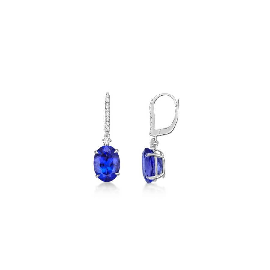Natural tanzanite drop earrings, 5-7 carats total, with diamonds set in white gold. hook style