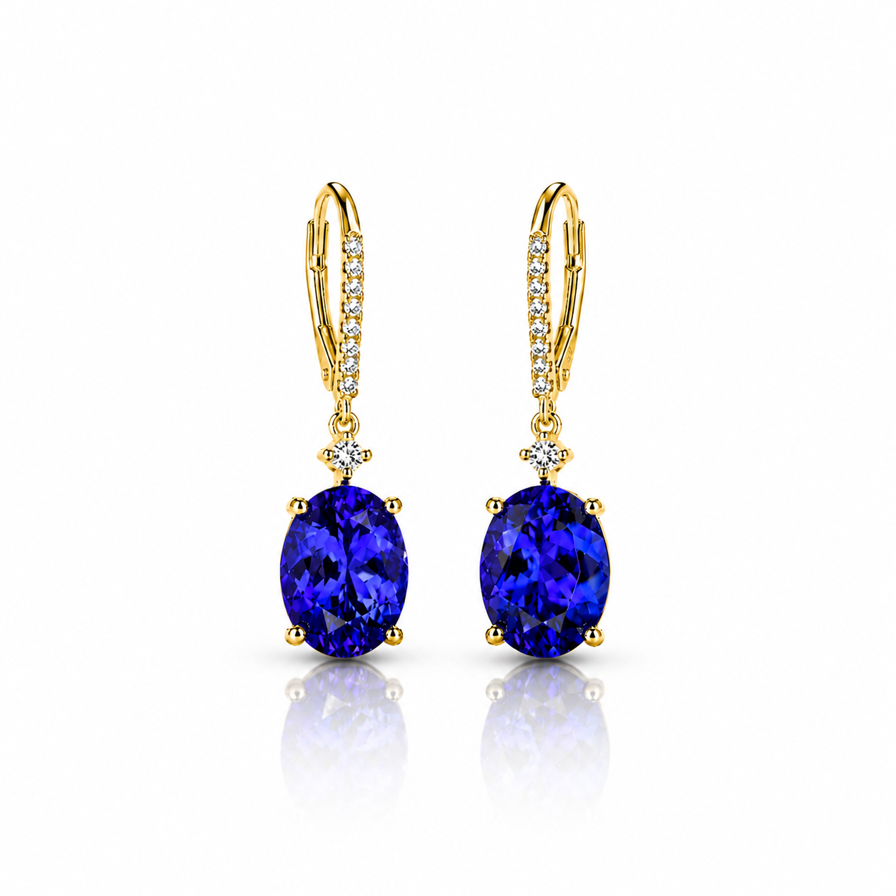 Elegant oval tanzanite and diamond drop earrings yellow gold 