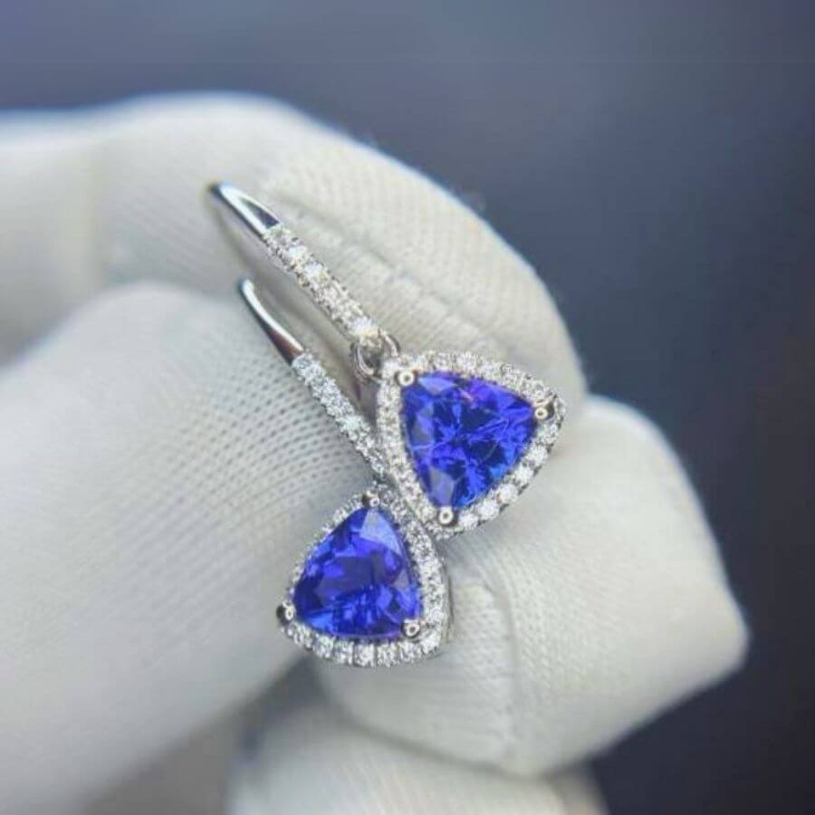 Trillion Cut Tanzanite & Diamond Halo Dangle Earrings