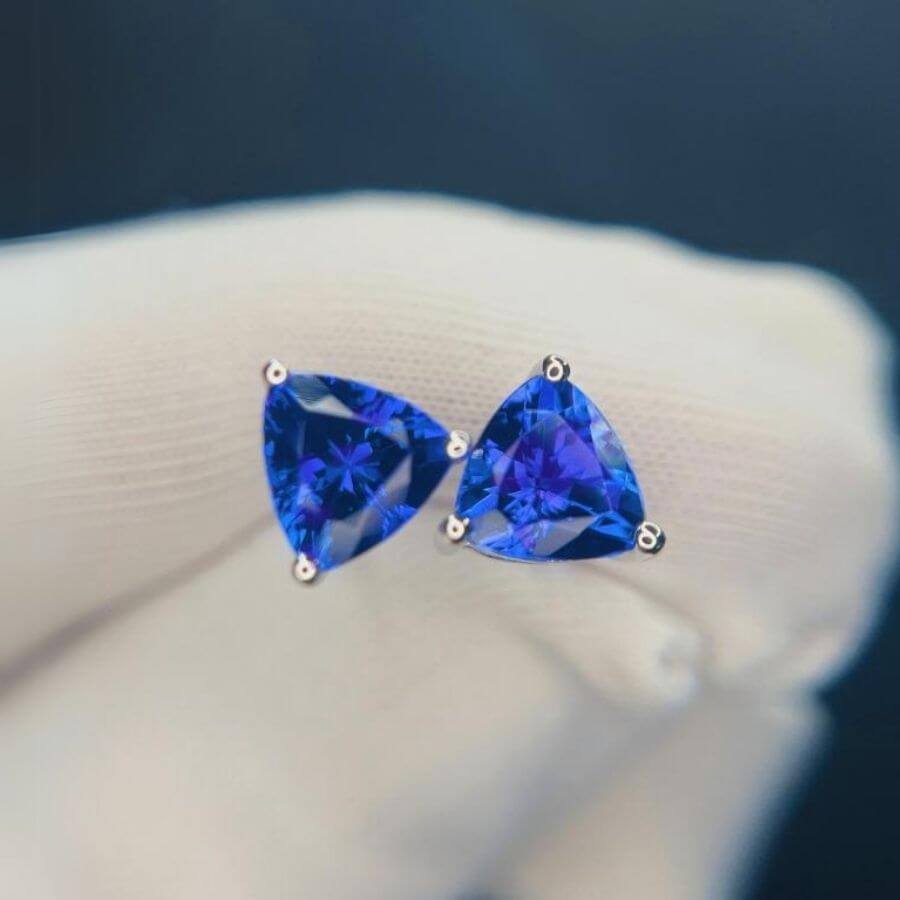 Trillion Cut Tanzanite Stud Earrings in 14k White Gold
