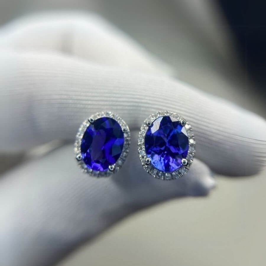 3.37 Ct Oval Tanzanite & Diamond Halo Earrings