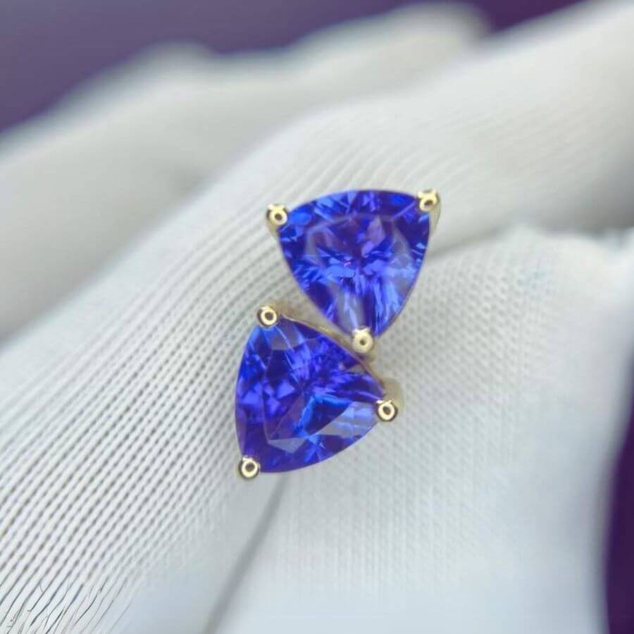 Trillion Cut Tanzanite Stud Earrings in Yellow Gold