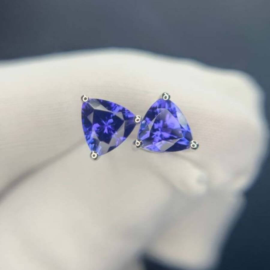 Violet Trillion Cut Tanzanite Stud Earrings in 14k White Gold