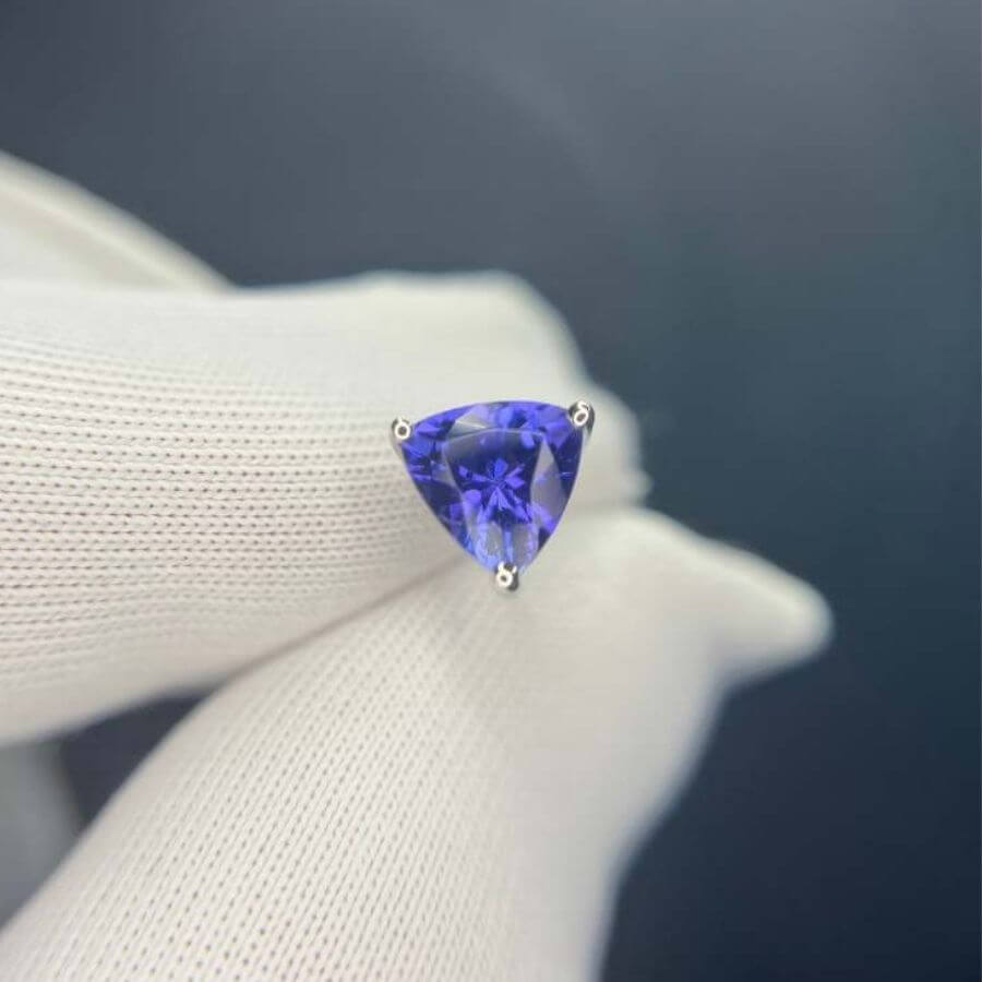 Violet Trillion Cut Tanzanite Stud Earrings in 14k White Gold