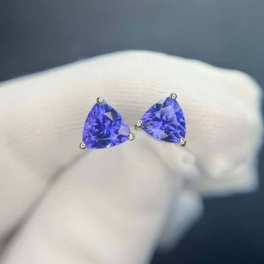 Violet Trillion Cut Tanzanite Stud Earrings in 14k White Gold