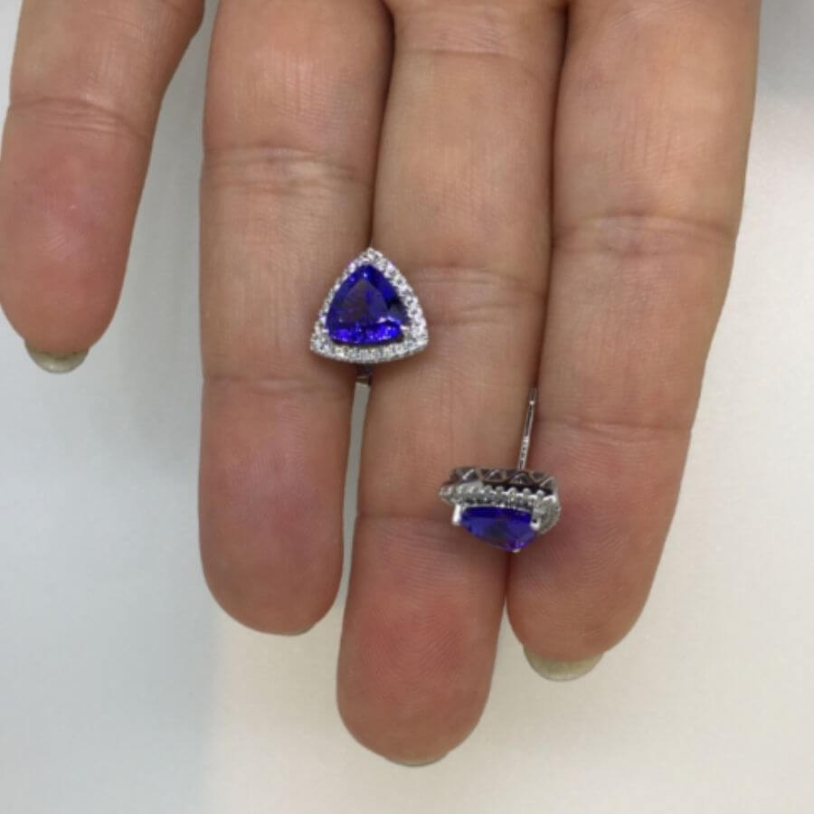 Trillion Cut Tanzanite & Diamond Halo Stud Earrings