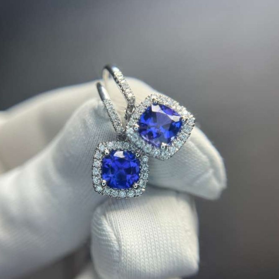 2.00 Ct Cushion Cut Tanzanite & Diamond Halo Drop Earrings