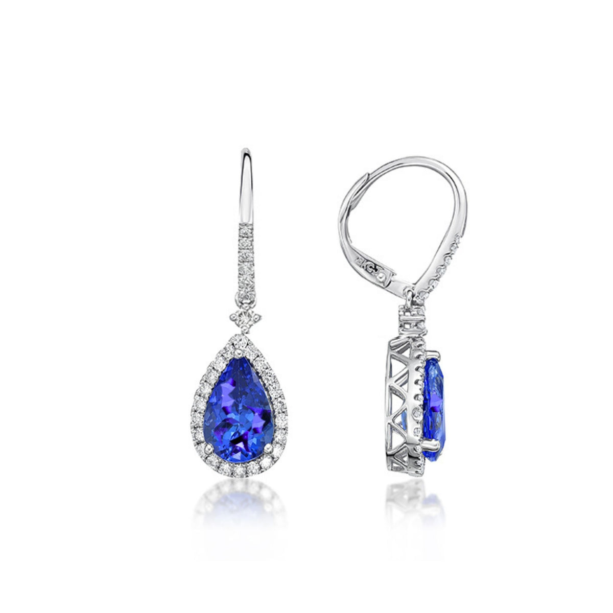 Classic Pear Shaped Tanzanite & Diamond Drop Earrings | 14K Gold, Hook Closures