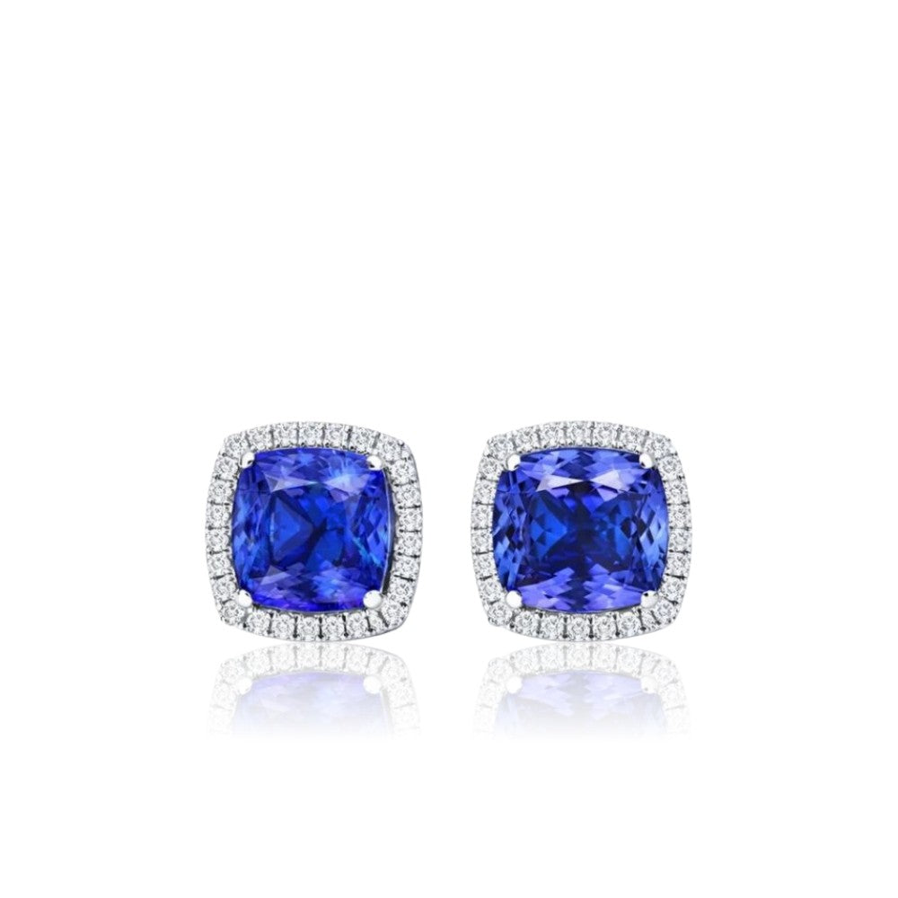 Cushion Cut & Diamond Halo Tanzanite Earrings