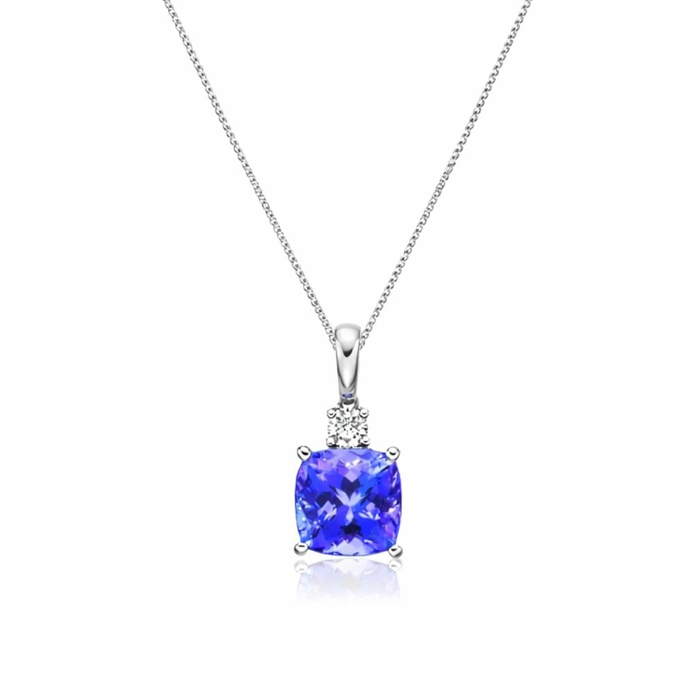 Cushion Cut Tanzanite & Diamond Pendant, White Gold
