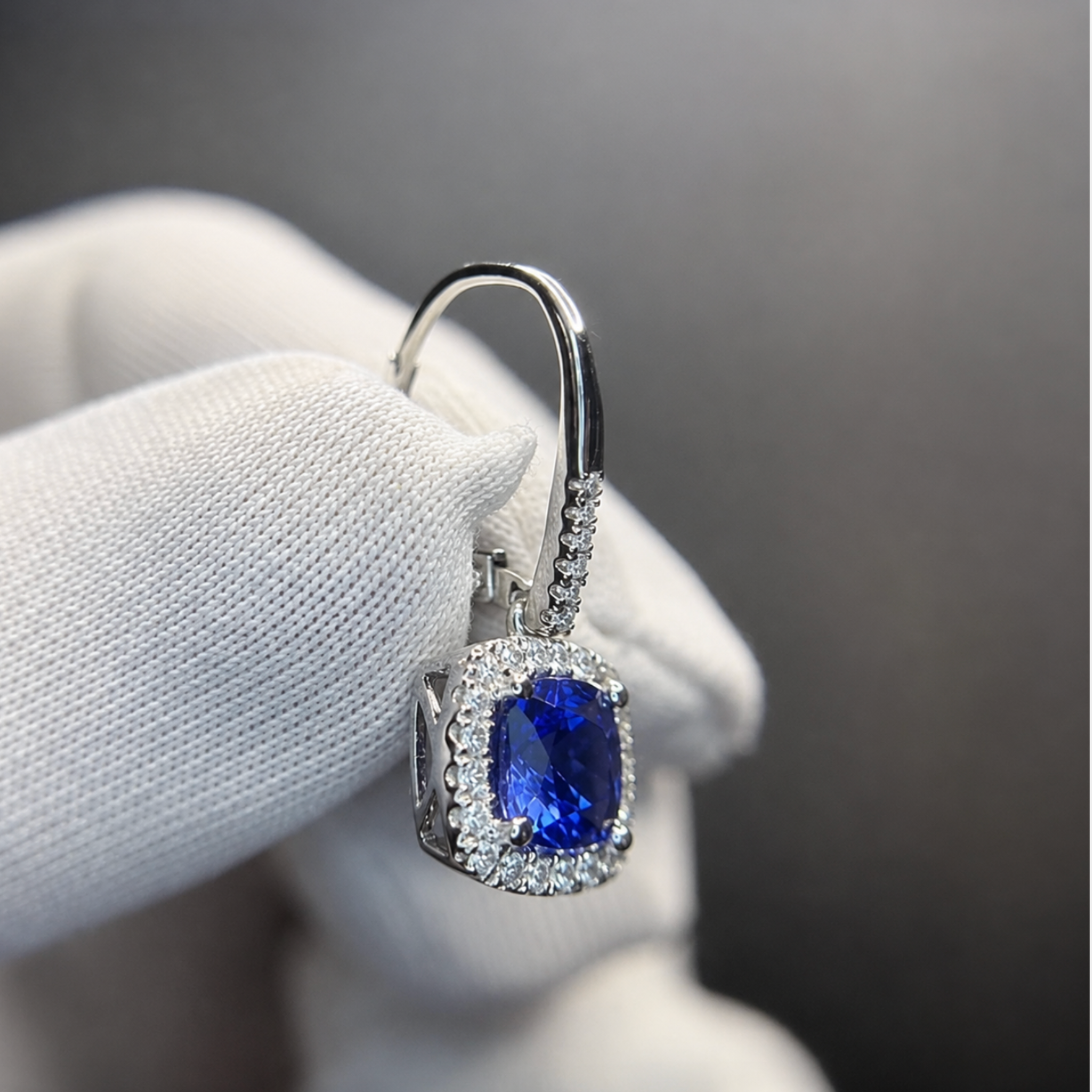 2.00 Ct Cushion Cut Tanzanite & Diamond Halo Drop Earrings