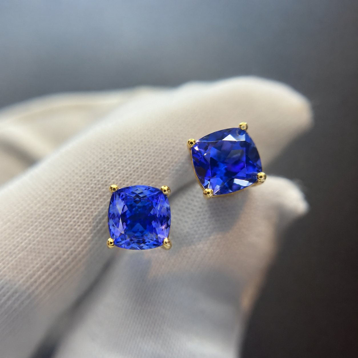 Cushion Cut Tanzanite Stud Earrings Yellow Gold - MADE TO ORDER