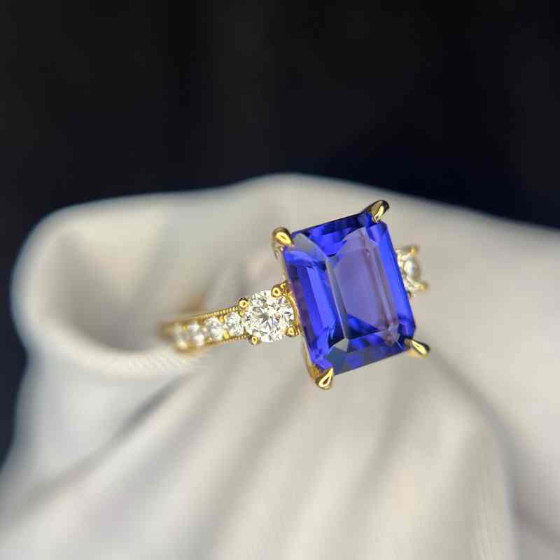 3.65 Ct Deep Blue Emerald Cut Tanzanite Ring