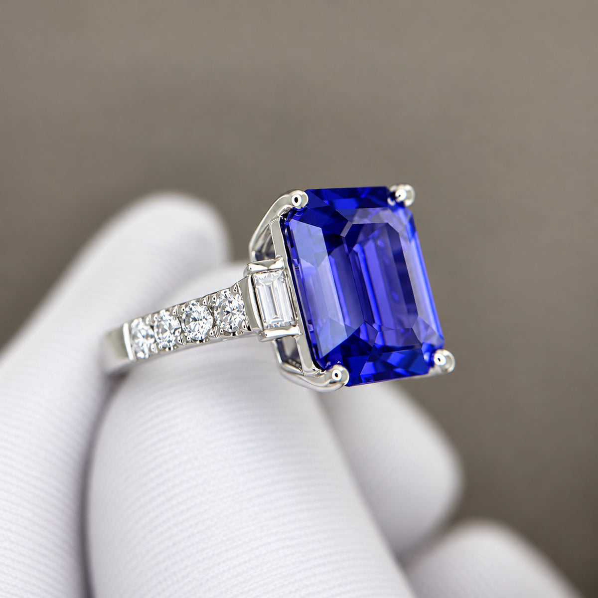 Emerald Cut Tanzanite Art Deco Ring & Baguette Diamonds