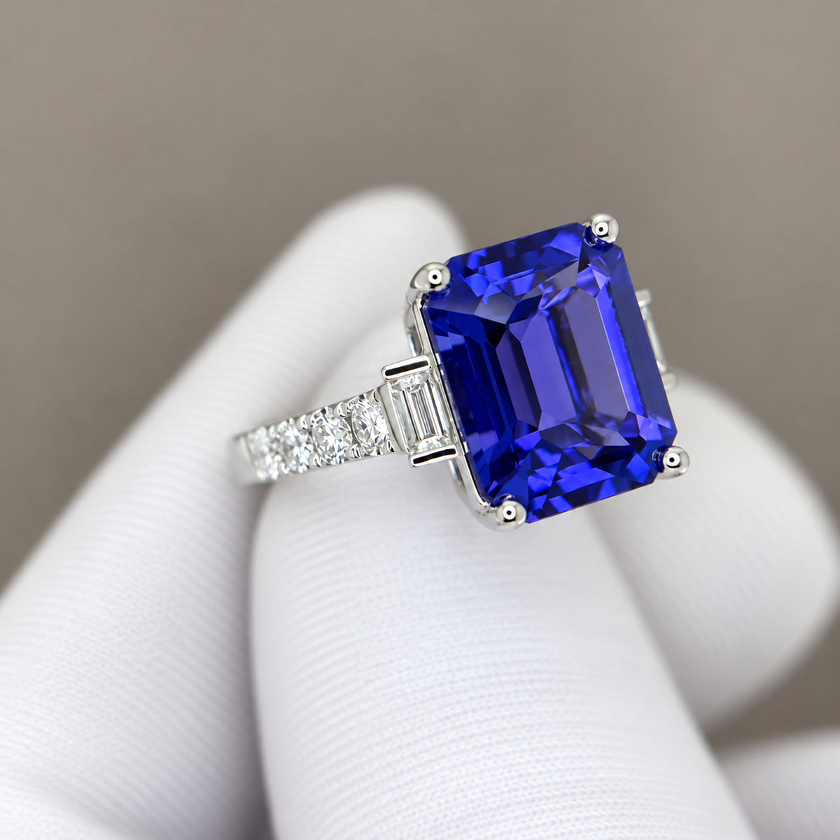 Emerald Cut Tanzanite Art Deco Ring & Baguette Diamonds