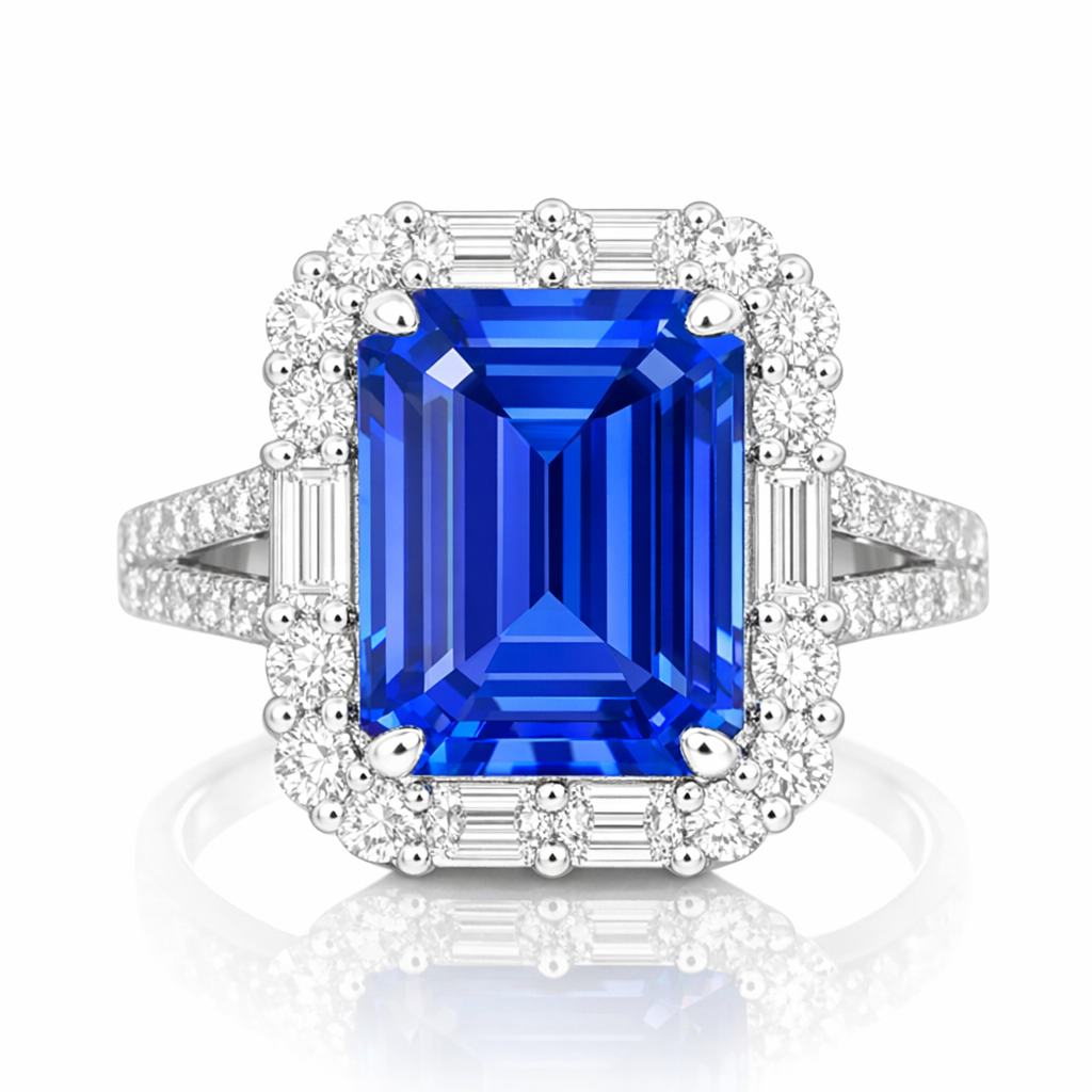 Emerald Cut Tanzanite & Baguette Diamond Ring - Made to Order