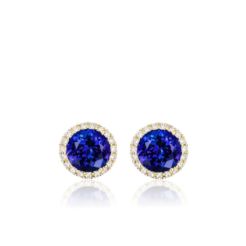 Exceptional Five Carat Tanzanite and Diamond Halo Stud Earrings – 18ct Yellow Gold