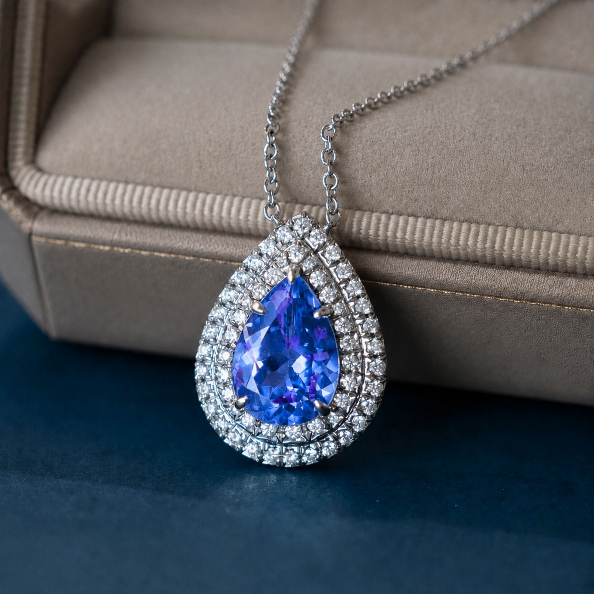 Pear-Shaped Tanzanite & Diamond Double Halo Pendant