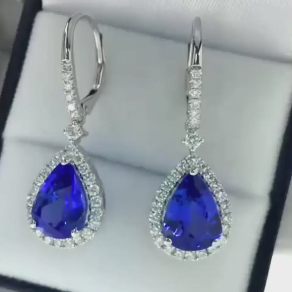 top-grade pear shaped tanzanite earrings accented with brilliant diamonds and exceptional gemstone quality.