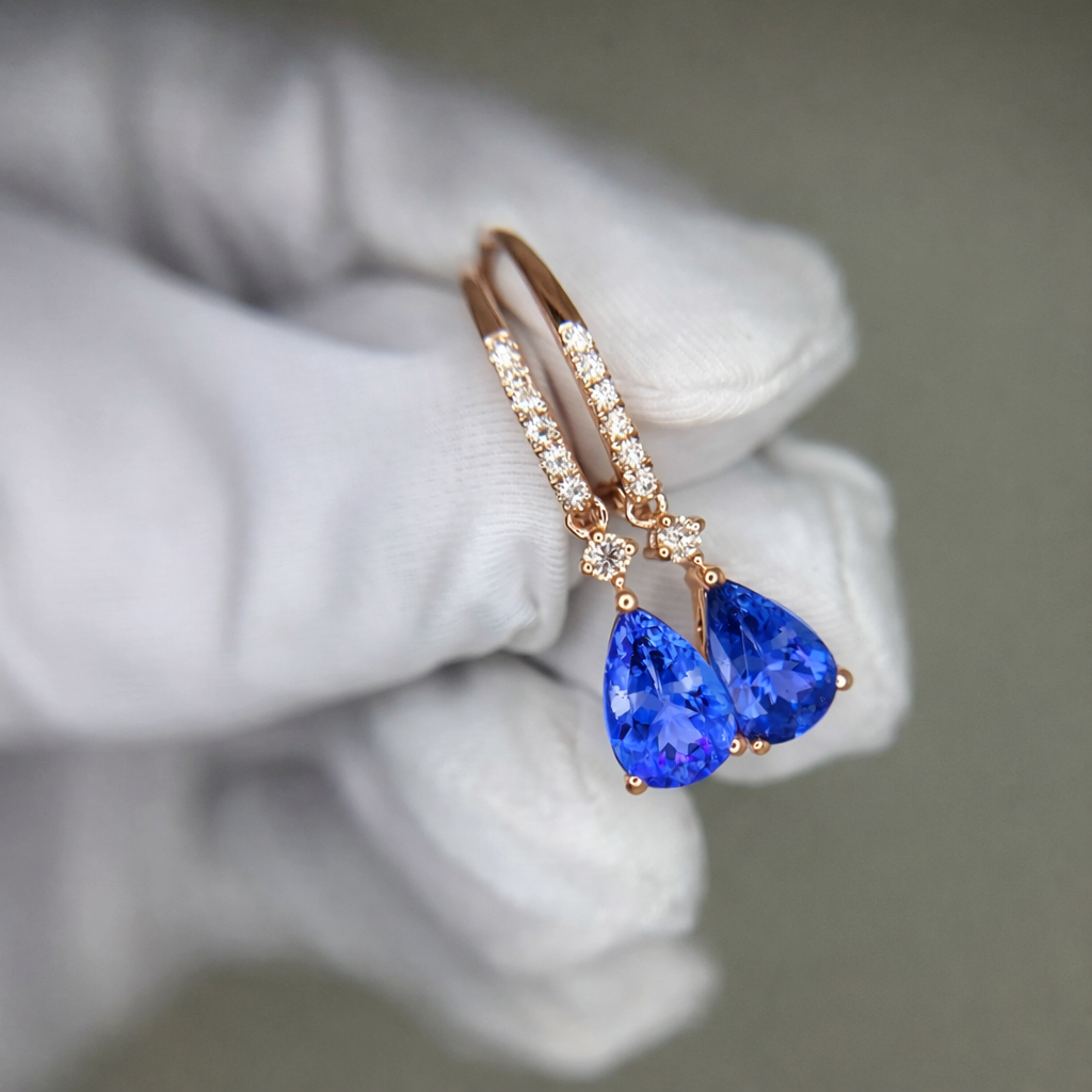 Pear-Shaped Tanzanite Drop Earrings in Yellow or Rose Gold