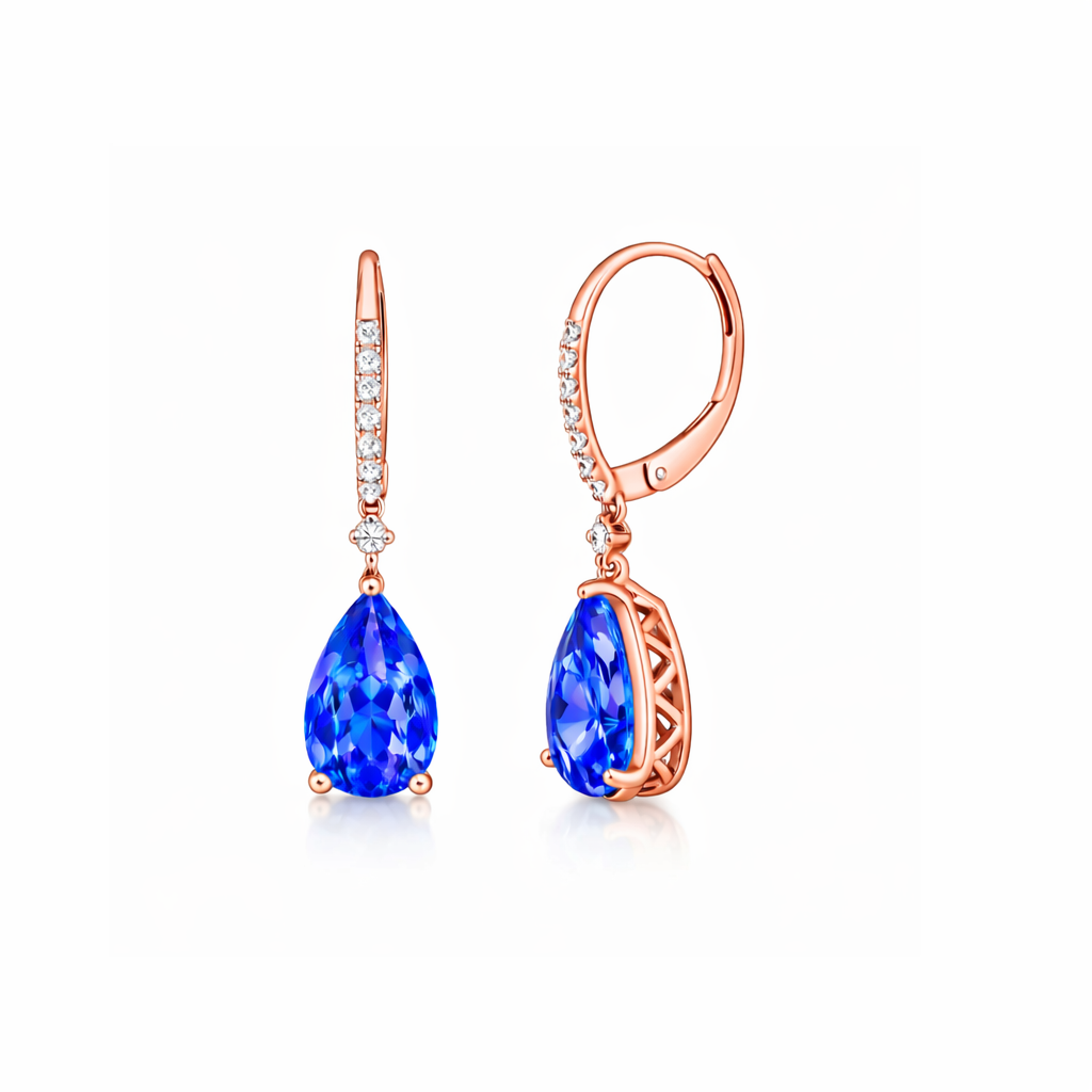 Pear-Shaped Tanzanite Drop Earrings in Yellow or Rose Gold