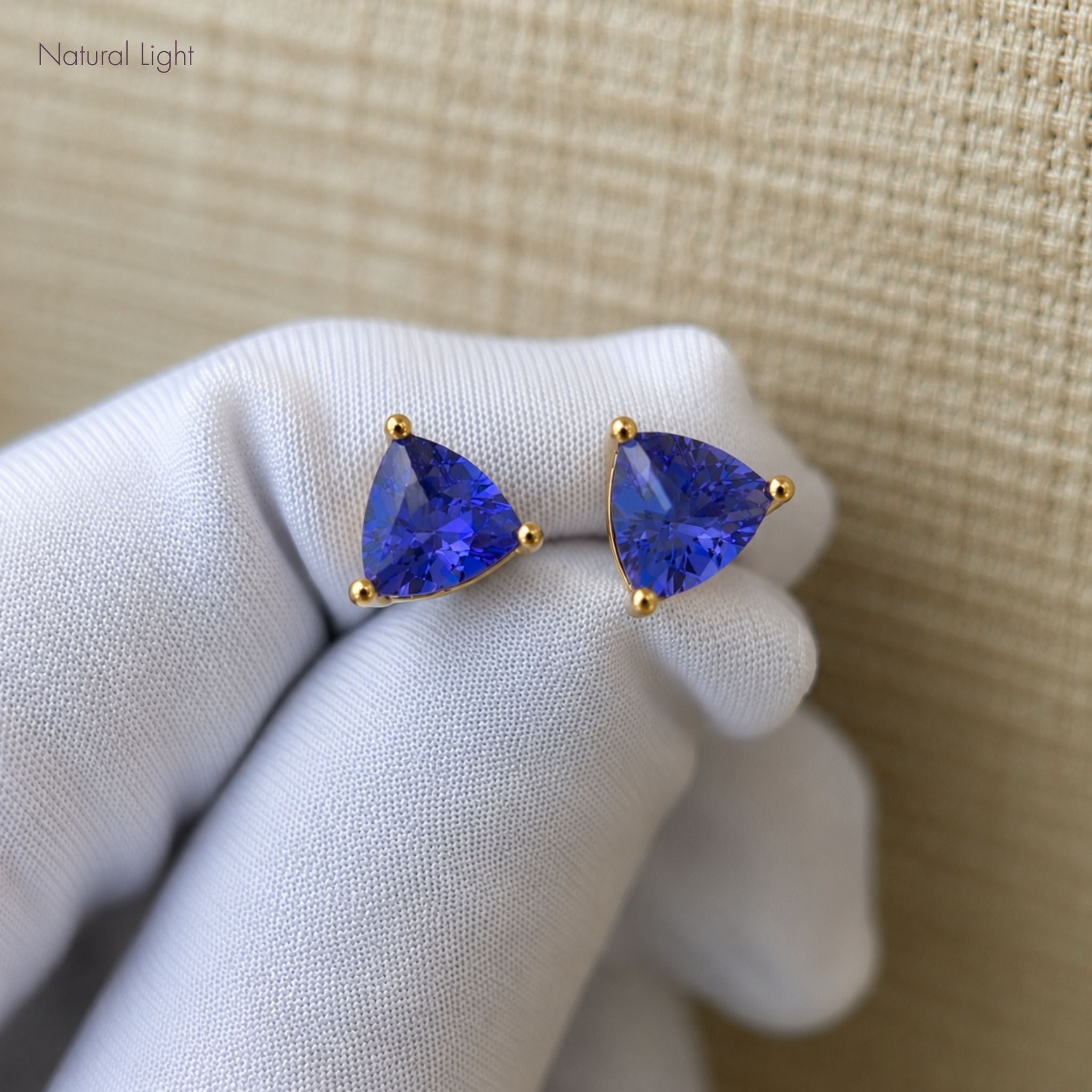 Trillion Cut Tanzanite Stud Earrings in Yellow Gold