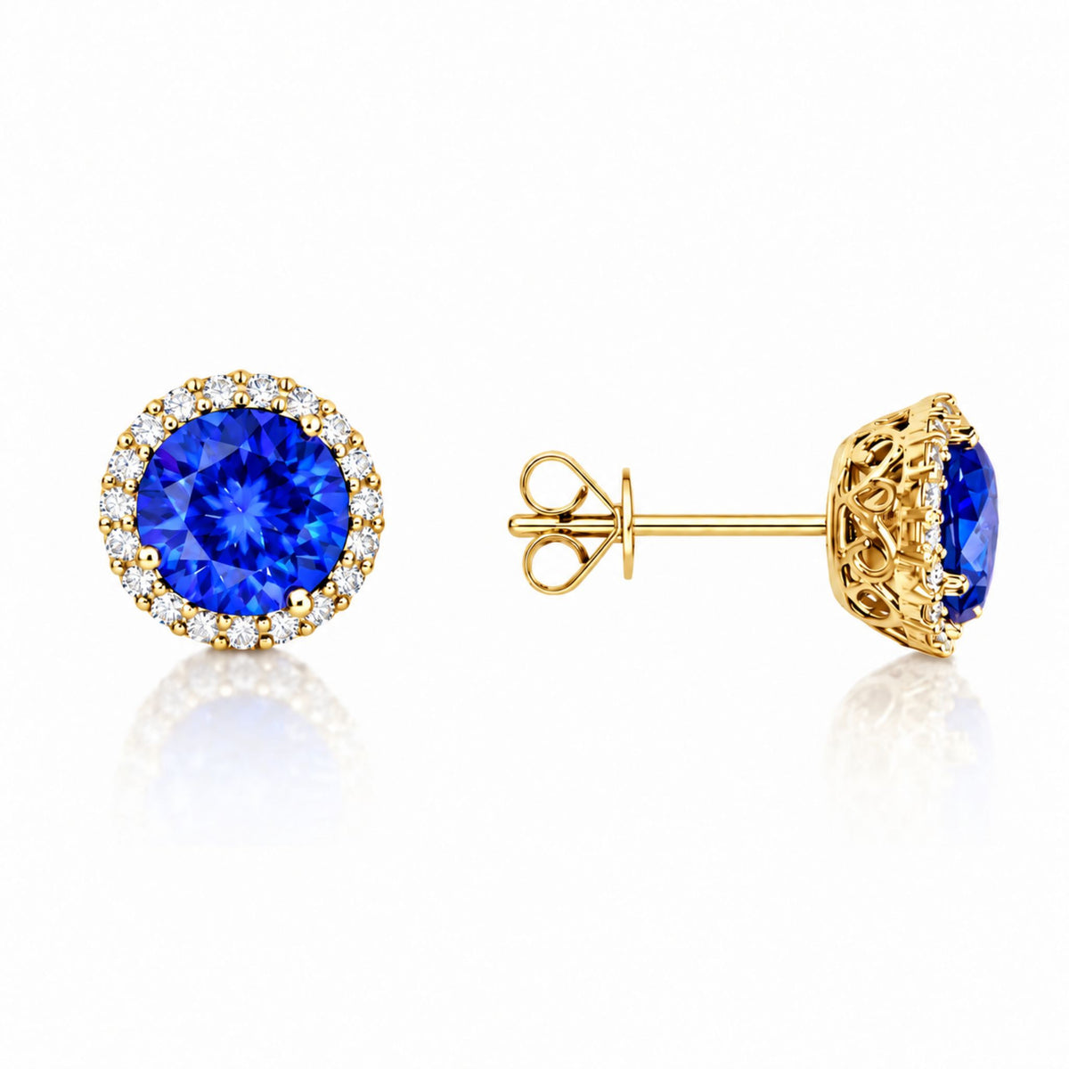 Exceptional Five Carat Tanzanite and Diamond Halo Stud Earrings – 18ct Yellow Gold