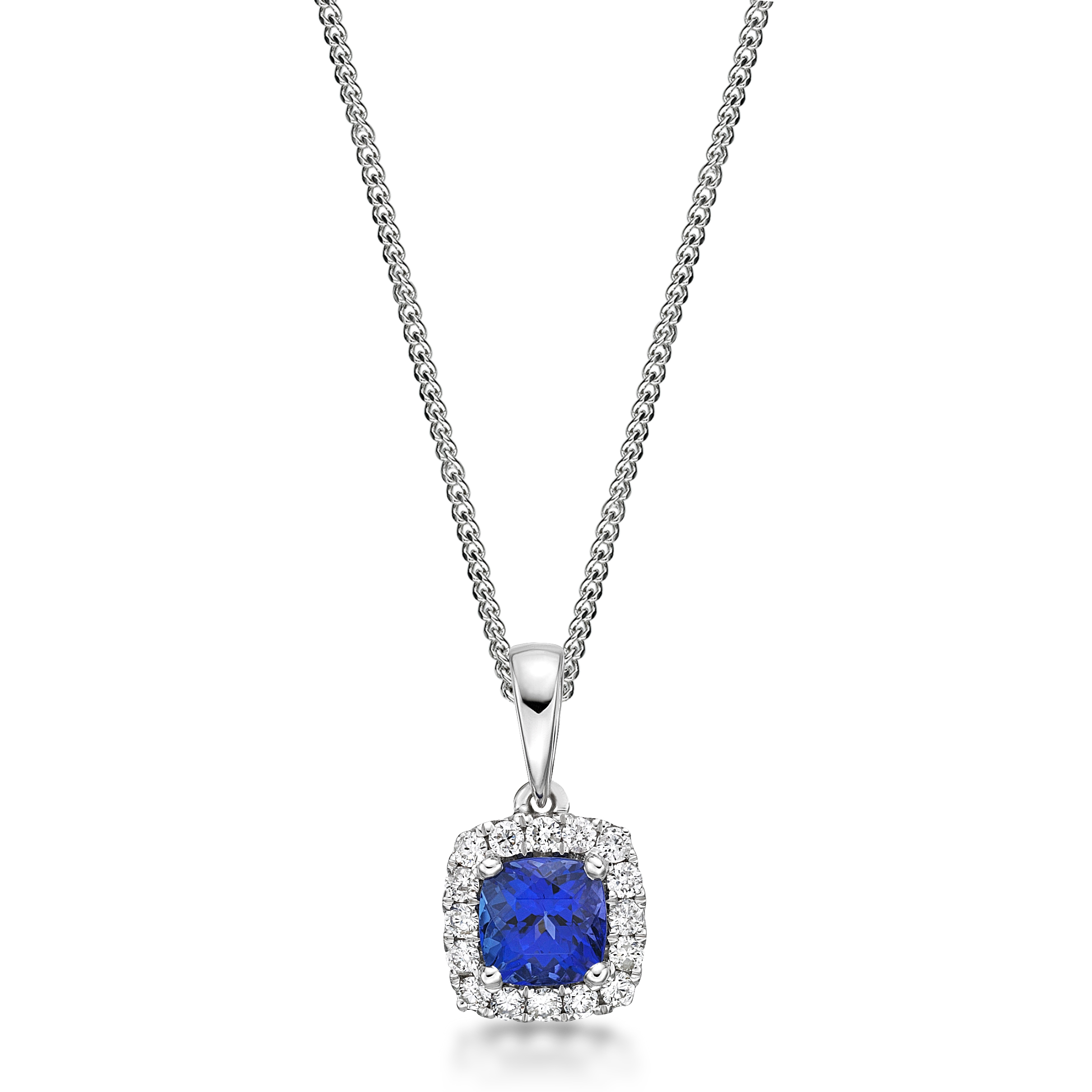 Diamond Halo Cushion Cut Tanzanite Pendant