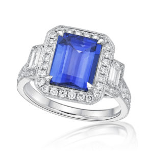 Exceptional Emerald Cut Tanzanite & Diamond Ring