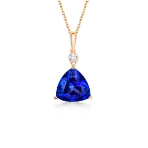 Trillion-cut tanzanite pendant with a diamond accent on a rose gold chain